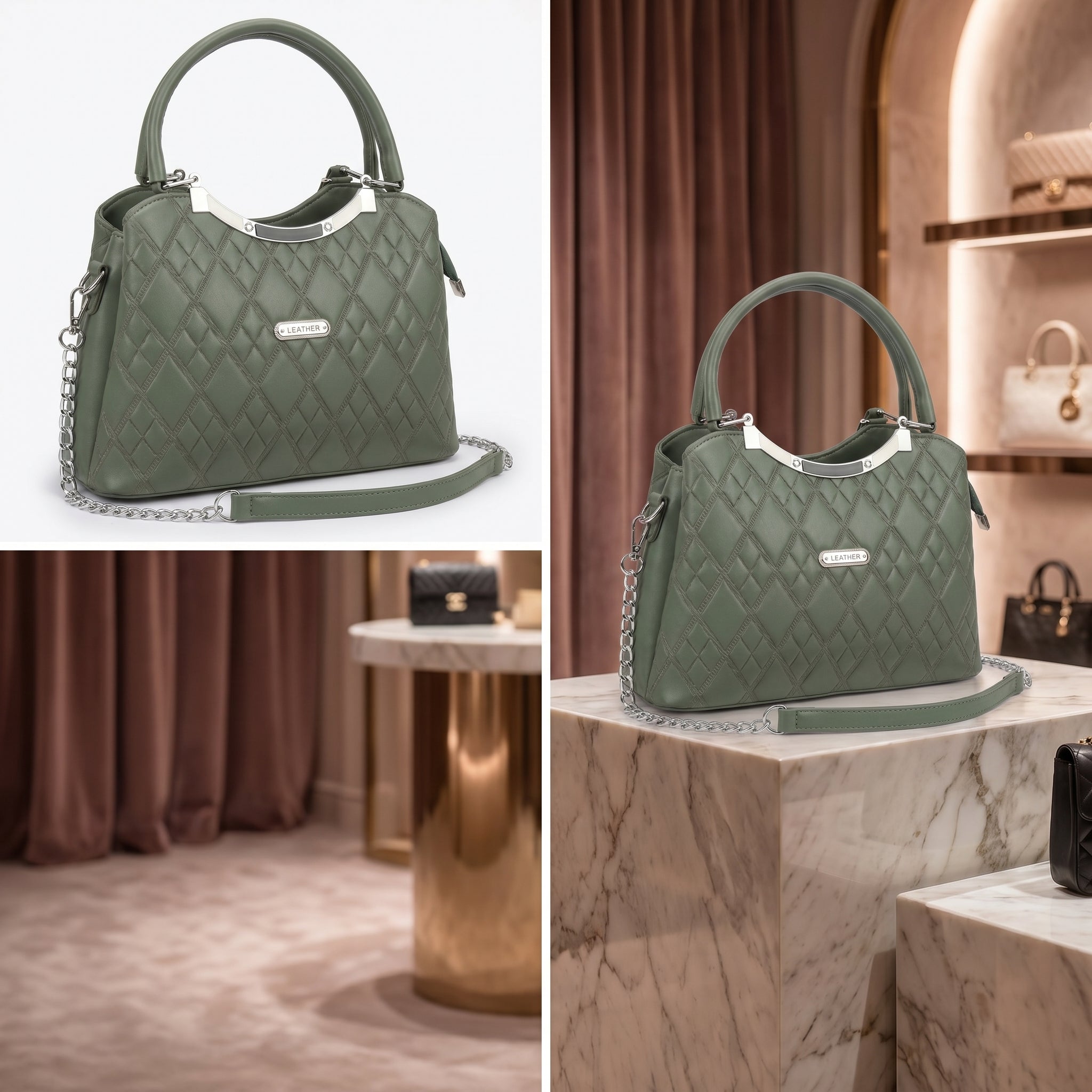 LEATHER Sage Green Quilted Elegance Handbag