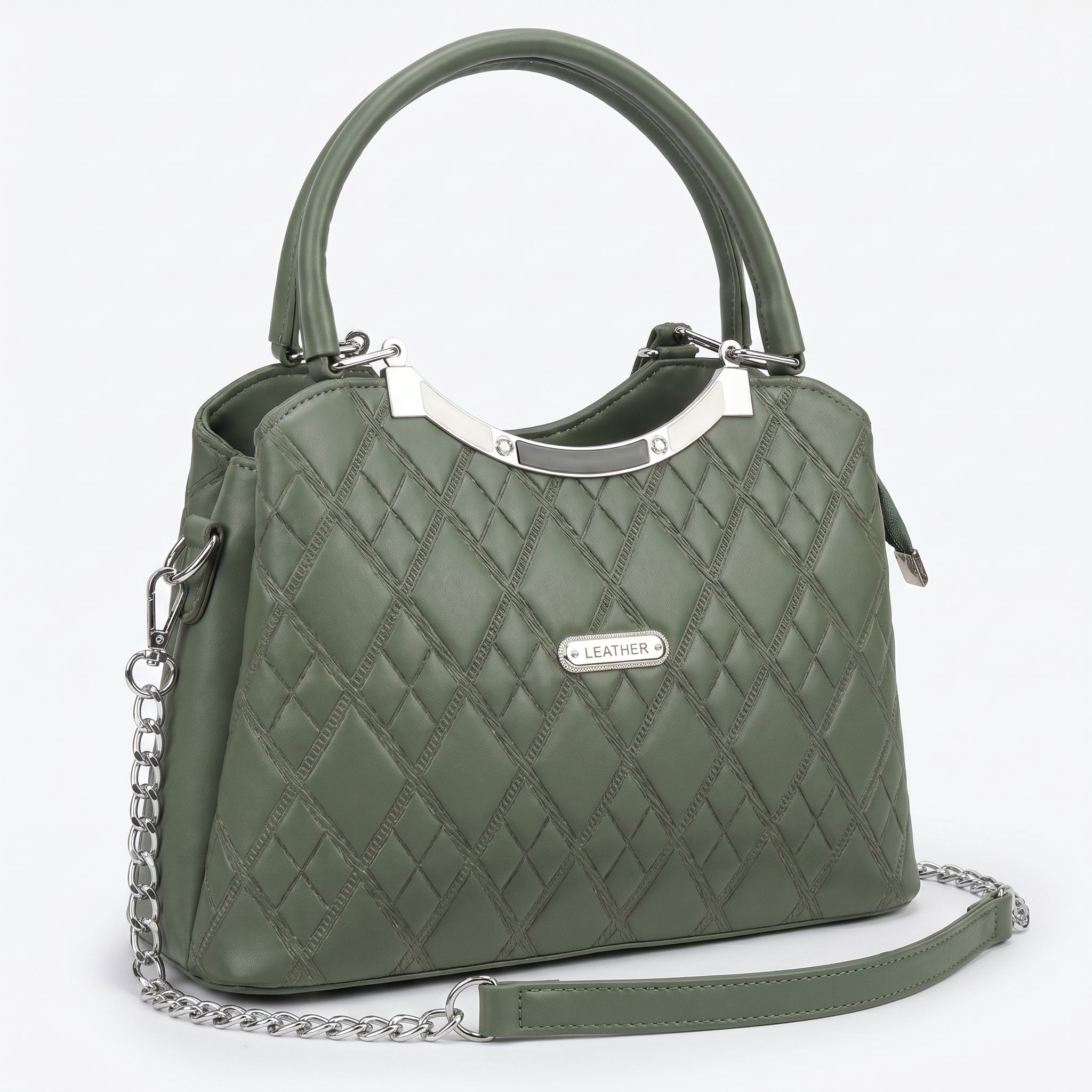 LEATHER Sage Green Quilted Elegance Handbag