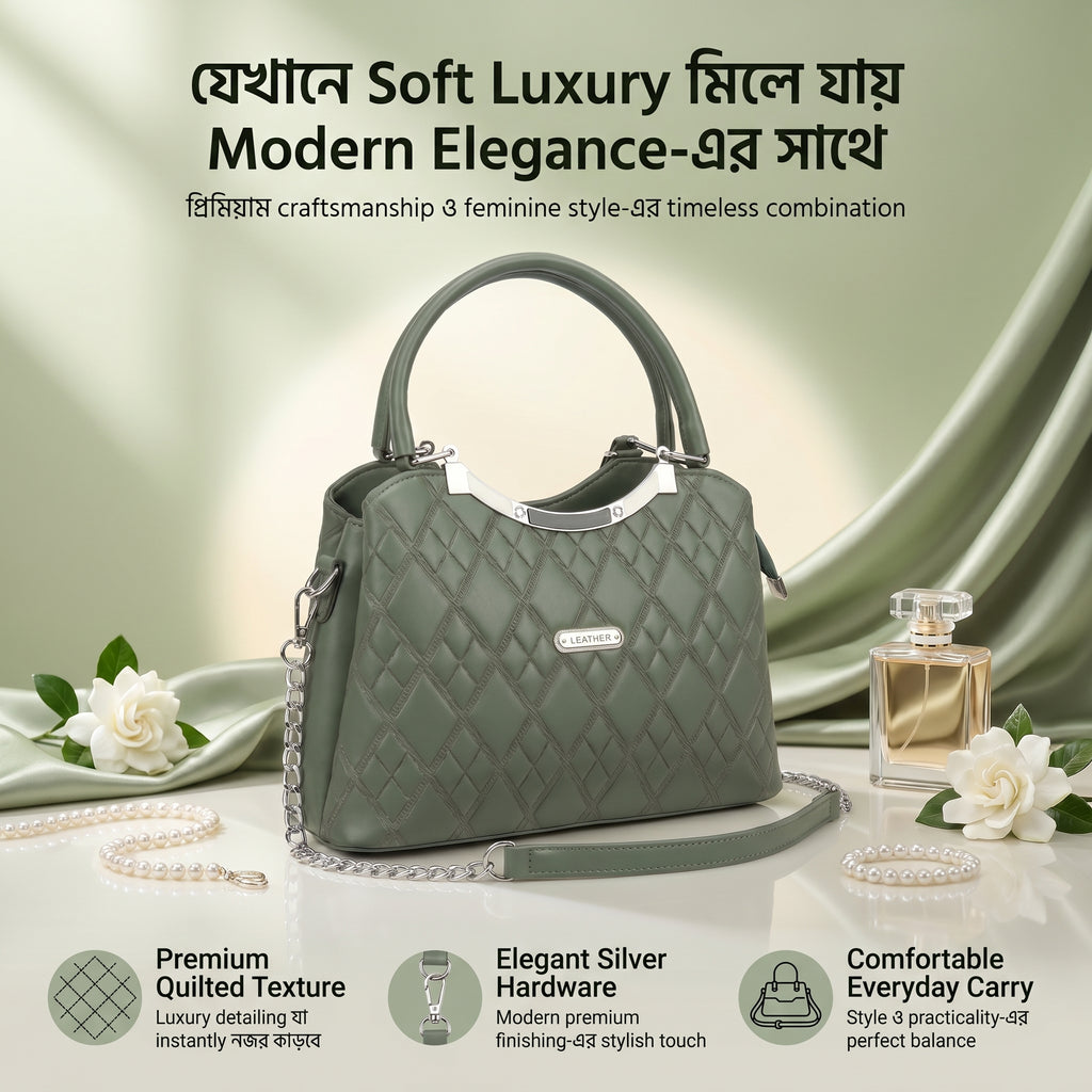 LEATHER Sage Green Quilted Elegance Handbag
