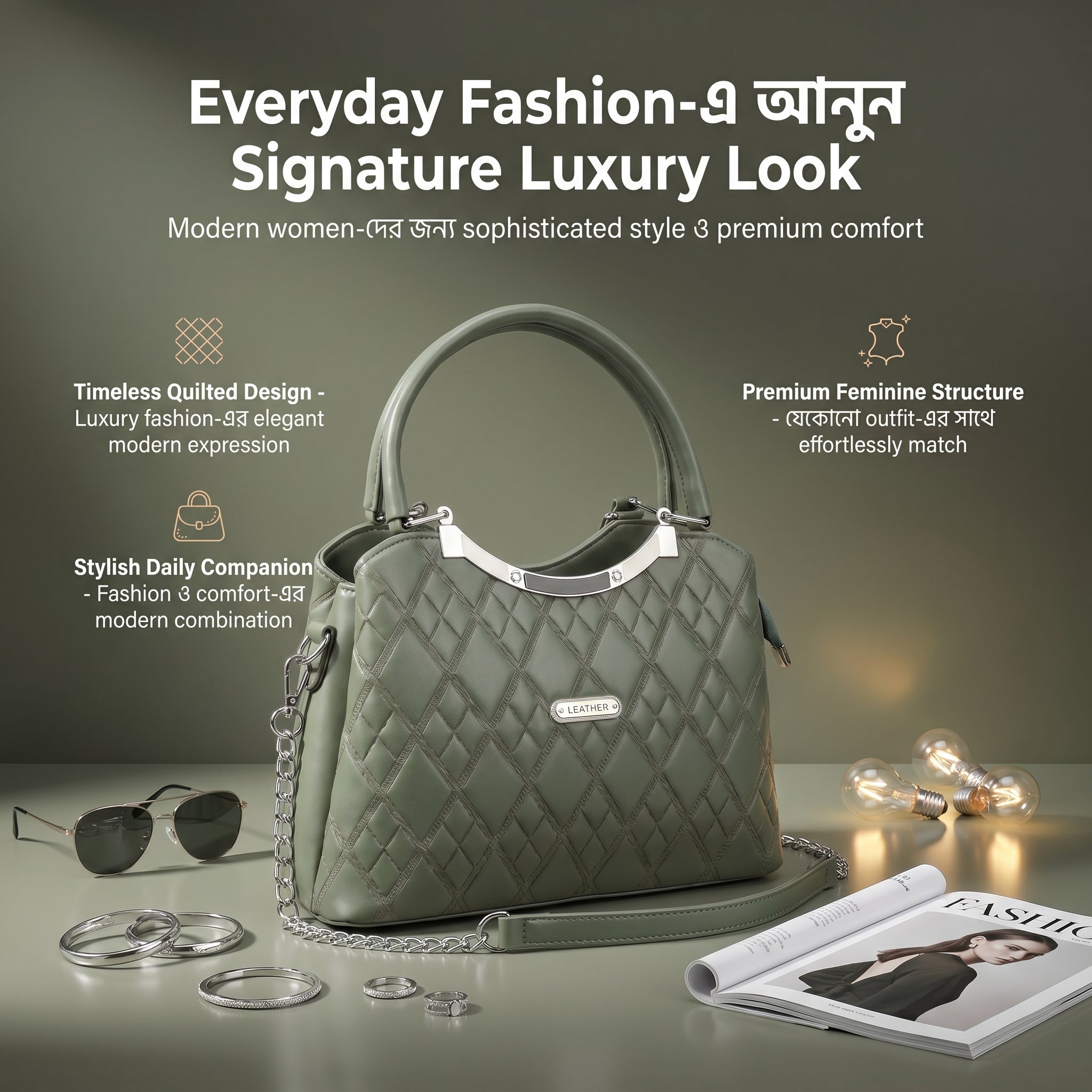 LEATHER Sage Green Quilted Elegance Handbag